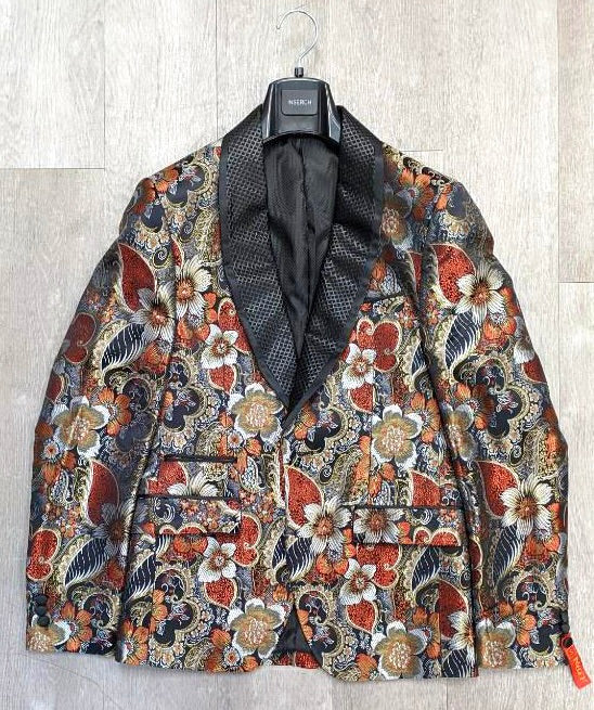 The Inserch Floral Jacquard Shawl Collar Blazer BL201-30 Red by Inserch, characterized by its colorful and slim fit with an intricate floral and paisley pattern, features a black satin jacquard shawl collar and is displayed on a hanger against a light wood background.