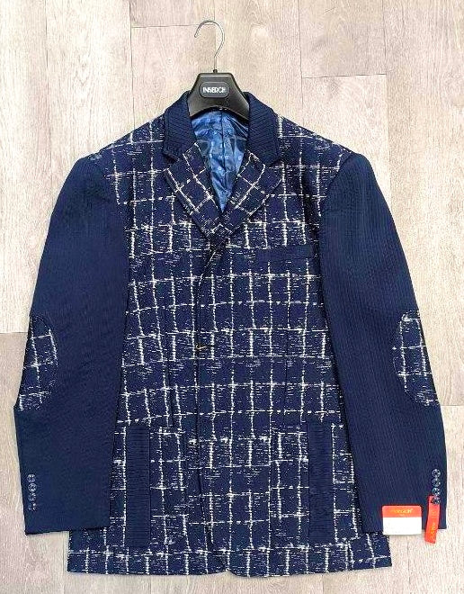 The Inserch Blazer 5062-11 Navy (FINAL SALE, SIZE 3XL ONLY) by Inserch features a white plaid pattern, solid navy sleeves with elbow patches, and an orange cuff tag. Shown on a hanger against a wooden floor.