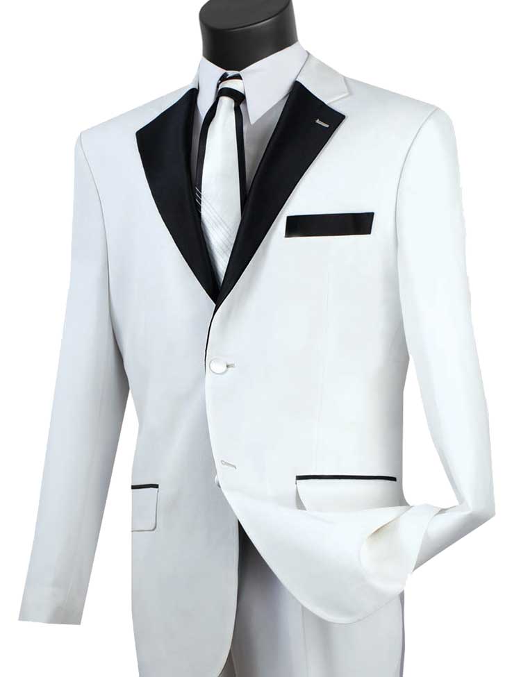 The Vinci Suits 2 Piece Fancy Lapel Tuxedo (White) T-2FF features a sleek white design with black lapels and pocket trim, paired with a wrinkle-resistant shirt and stylish black tie.