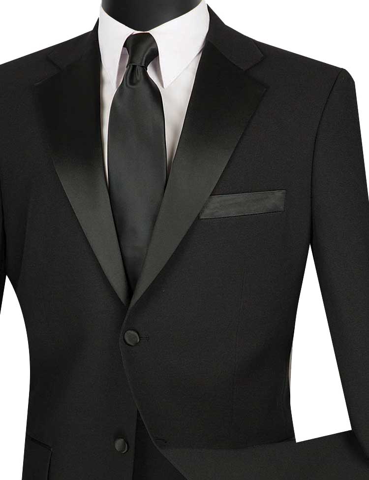 A Regular Fit 2 Piece Tuxedo (Black) T-2PP by Vinci Suits, with satin lapels, is shown with a crisp white dress shirt and black tie on a mannequin against a plain backdrop.