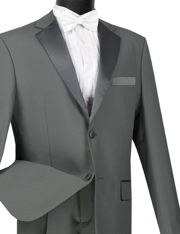 A Vinci Suits Regular Fit 2 Piece Tuxedo (Gray) T-2PP with a shiny lapel, paired with a white dress shirt and bow tie, is elegantly showcased on a black mannequin.
