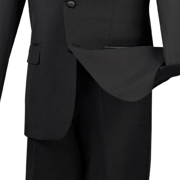 The Vinci Suits Regular Fit 2 Piece Satin Lapel Tuxedo in Black (T-900) elegantly adorns the mannequin, paired with a crisp white shirt and classic black tie, all set against a stark background.