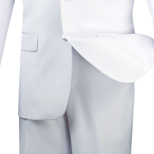 The Vinci Suits Regular Fit 2 Piece T-900 is a white tuxedo featuring a satin lapel, black bow tie, single-breasted jacket, and pleated shirt.