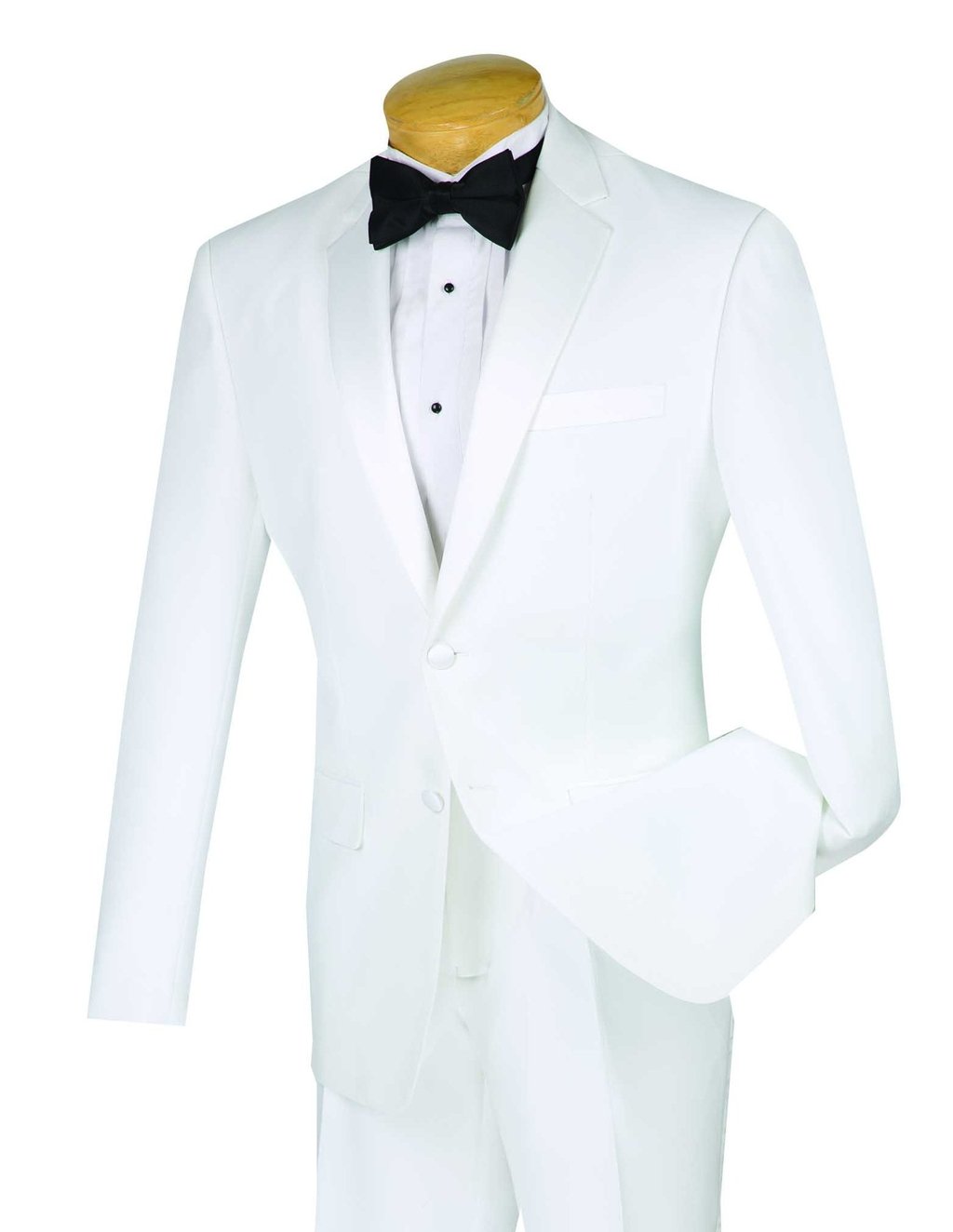 A mannequin elegantly showcases the Vinci Suits Slim Fit 2 Piece 2 Button Design Single Breasted Tuxedo (White) T-SLPP, complemented by a sleek black bow tie.