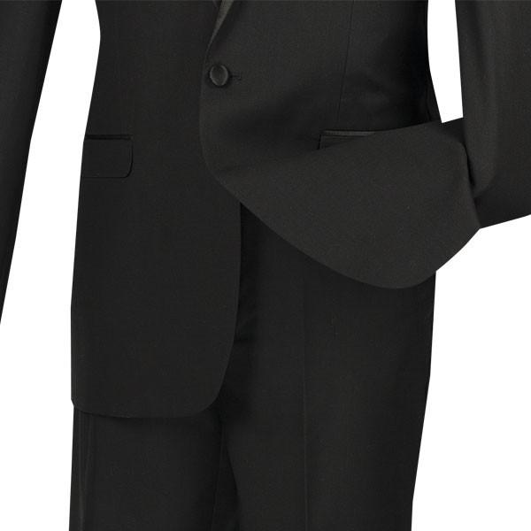 Displayed on a mannequin, the Vinci Suits Slim Fit 2 Piece 1 Button Shawl Collar Tuxedo (Black) T-SS features a satin shawl collar, crisp white dress shirt, and vibrant yellow bow tie. Its wrinkle-resistant fabric ensures you look polished for any occasion.