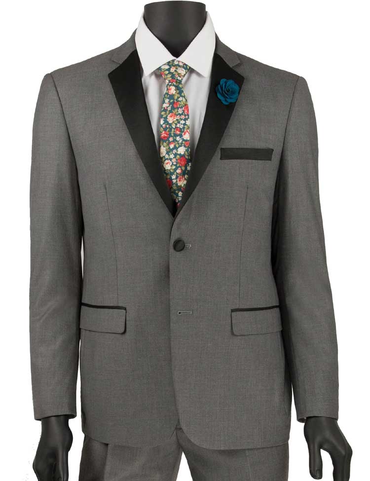 Displayed on a mannequin, the Vinci Suits "Ultra Slim Fit 2 Buttons 2 Piece Tuxedo (Gray) T-US900" features a gray suit with black lapels, paired with a white shirt, floral tie, blue pocket square, and finished with black shoes for a sophisticated look.
