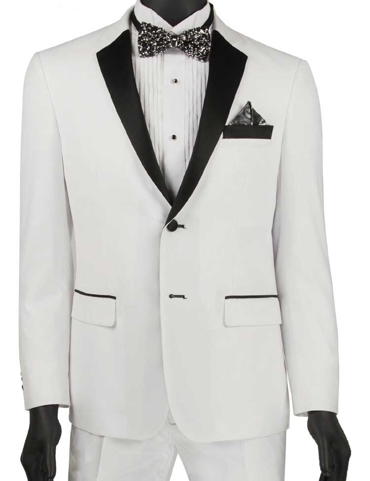 The Vinci Suits Ultra Slim Fit 2 Buttons 2 Piece Tuxedo (White) T-US900, featuring black notch lapels, is displayed on a mannequin with a matching bow tie and pocket square.