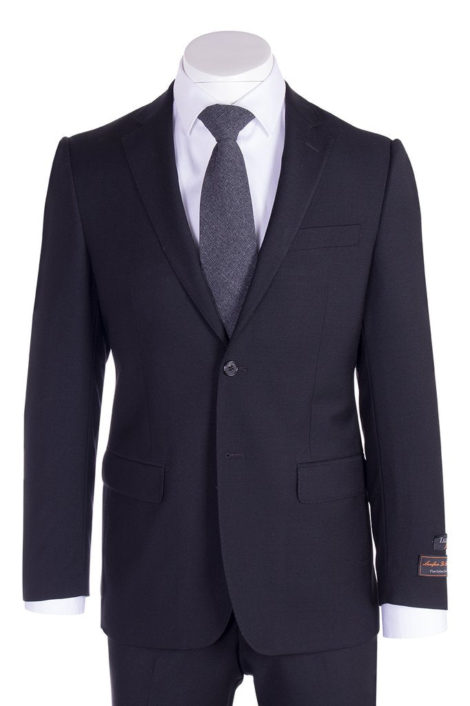 Displayed elegantly on a mannequin, the Tiglio Luxe Novello Modern Fit Black TIG1001 suit by Unique Design Menswear is made from Italian wool and paired with a white dress shirt and dark tie. This ensemble perfectly captures refined elegance with its modern European fit.