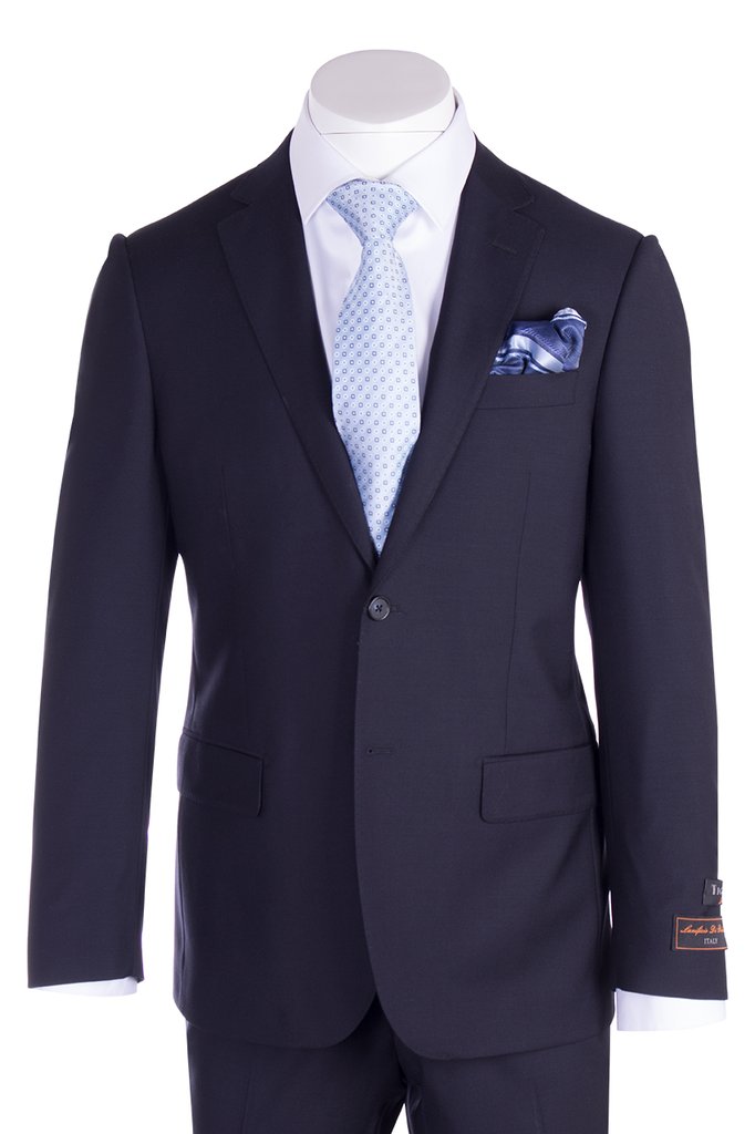 Displayed on a mannequin is the Tiglio Luxe Novello Modern Fit Navy TIG1002, crafted from Italian wool by Unique Design Menswear. It features a European fit and is elegantly accompanied by a light blue patterned tie and matching pocket square, showcasing the refined style of the Tiglio Luxe collection.