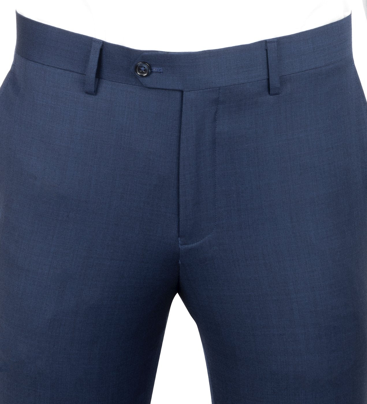 Displayed against a white background, the Novello Blue Sharkskin Slim Fit, Pure Wool Suit by Tiglio Luxe is paired with a purple tie and pocket square on a mannequin. The ensemble exemplifies impeccably tailored men's clothing and showcases refined European styling.