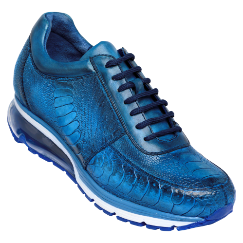 Introducing the Belvedere - Todd, a genuine ostrich sneaker in Antique Ocean Blue. This stylish BELVEDERE sneaker features a textured, glossy finish with an ostrich-style design and a white sole. Its visible cushioning in the heel and cushioned insole provide added comfort for a unique and fashionable look.