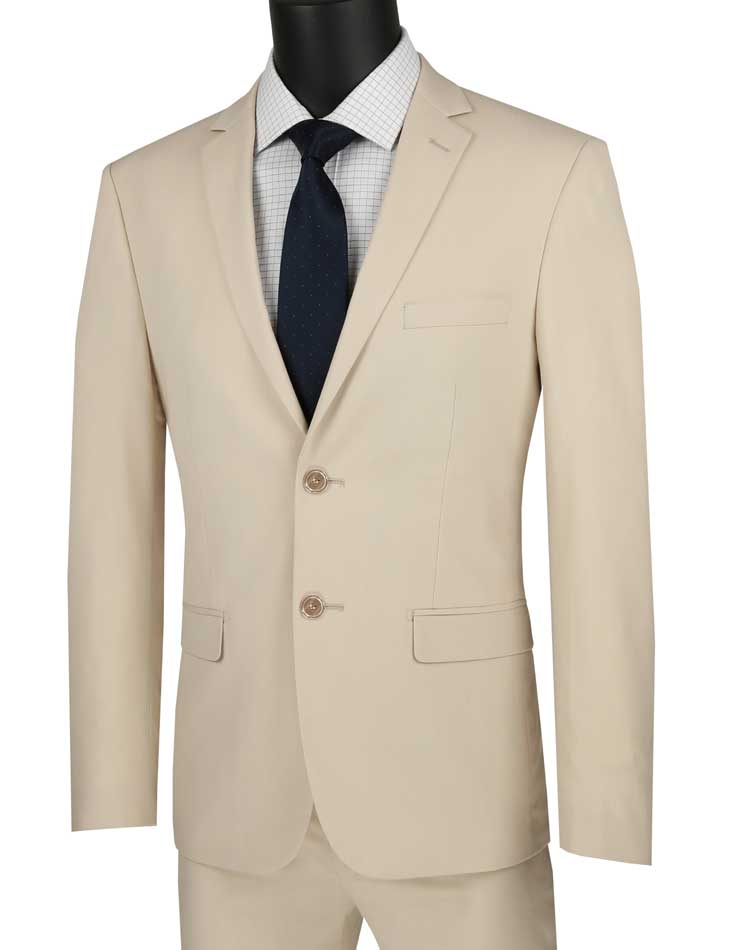 A mannequin displays the Vinci Suits Ultra Slim Fit Stretch Wool Feel Suit in beige, paired with a checkered shirt and navy tie, ensuring unmatched comfort and style.