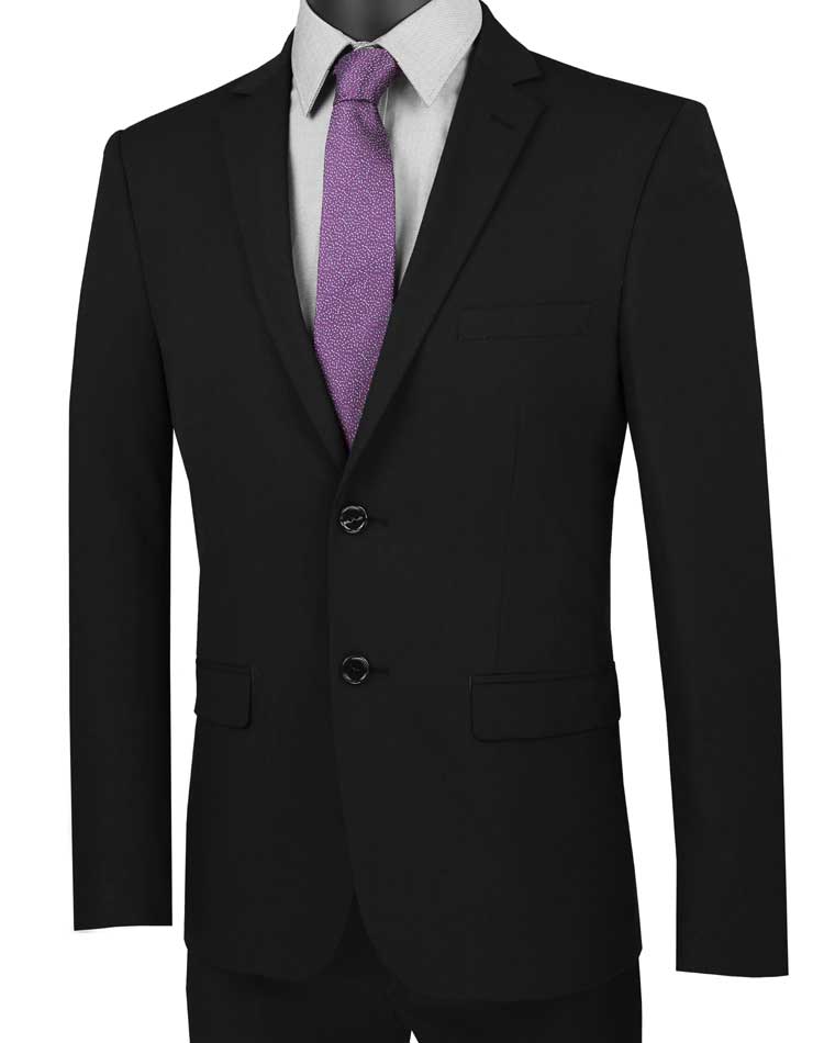 An Ultra Slim Fit Stretch Wool Feel Suit (Black) by Vinci Suits is displayed on a headless mannequin, paired with a crisp white shirt and a vibrant purple tie.