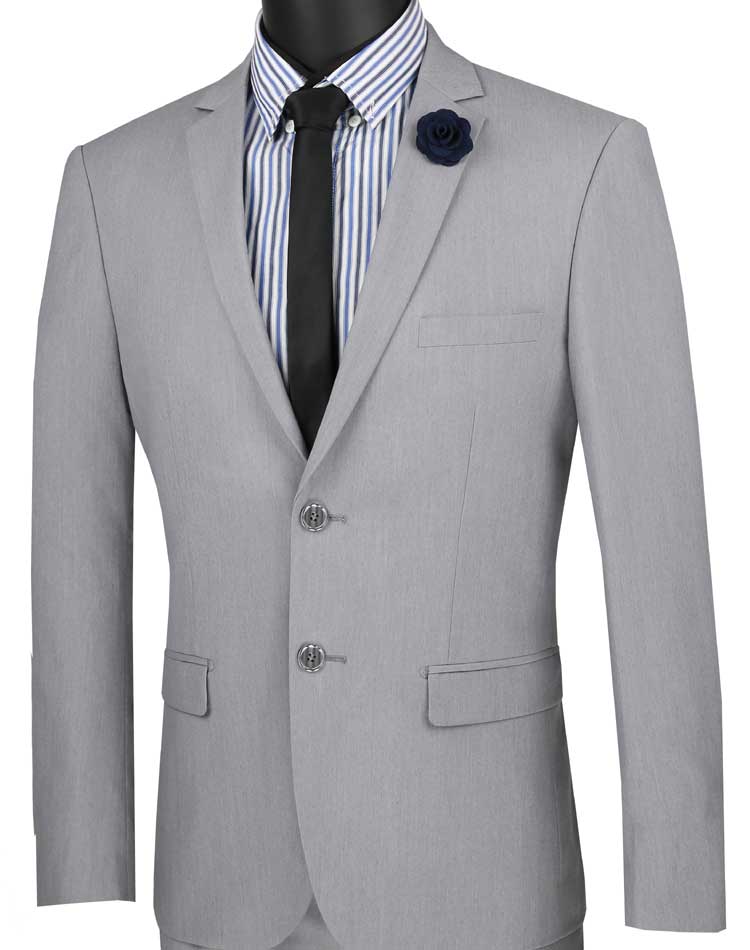 Vinci Suits' Ultra Slim Fit Stretch Wool Feel Suit (Gray) USDX-1 exudes style and sophistication paired with a striped shirt, black tie, and dark flower lapel pin. Its stretch wool feel guarantees comfort while preserving a sharp silhouette for formal events.