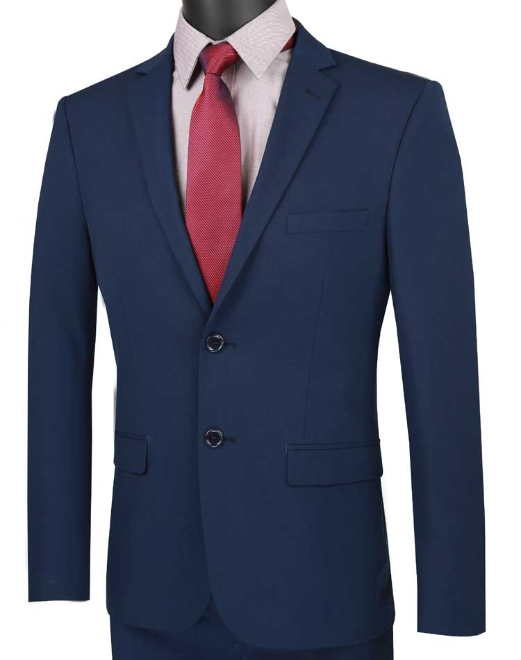 A black mannequin displays the Vinci Suits Ultra Slim Fit Stretch Wool Feel Suit in navy with a red tie and light shirt, blending comfort and style.