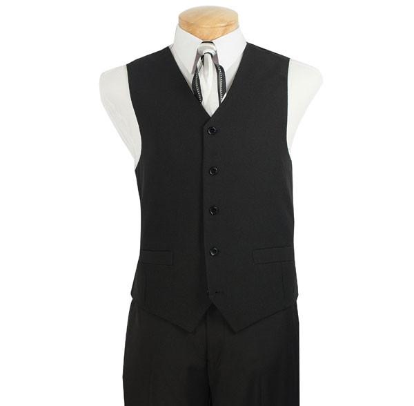 A mannequin showcases a Vinci Suits ensemble with a black Regular Fit 5 Buttons Vest (Black) V-PP, paired with a gray shirt and finished with a patterned white tie. This wrinkle-resistant set ensures an easy-maintenance, smart appearance.