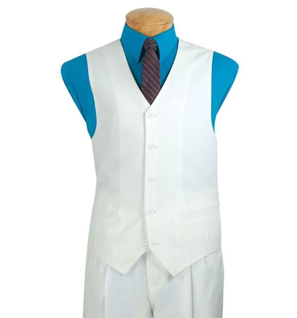 A mannequin features the Vinci Suits Regular Fit 5 Buttons White Vest (V-PP) over a crisp white shirt, paired with a red plaid tie and sleek black pants.