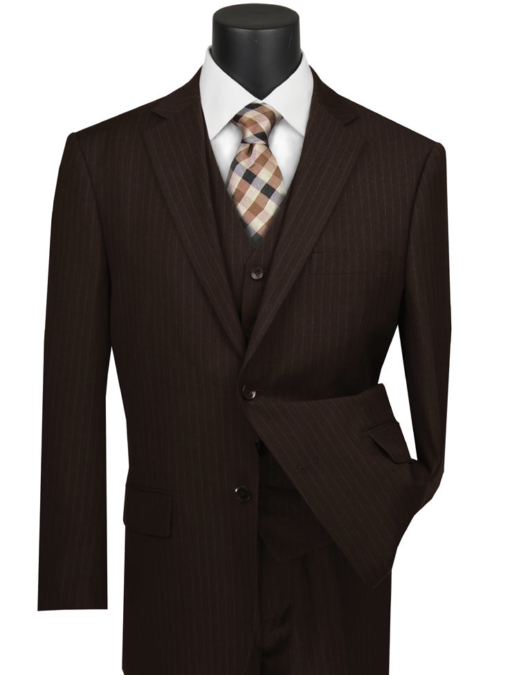 A Vinci Suits mannequin elegantly showcases the Regular Fit 3 Piece Suit with a dark pinstripe jacket, a brown tone on tone stripe vest, a crisp white shirt, and a plaid tie in beige, brown, and gray (Product ID: V2RS-7).