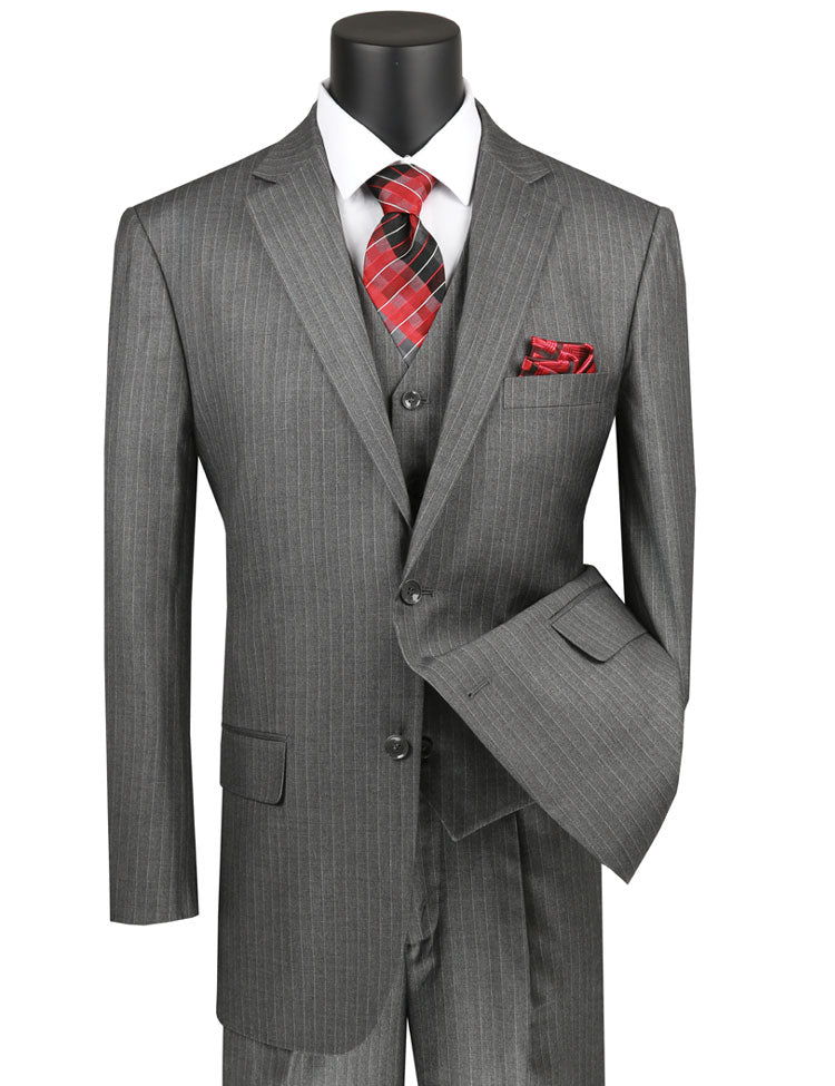 The Regular Fit 3 Piece Suit by Vinci Suits, featuring a medium gray tone-on-tone stripe with a red checkered tie, matching pocket square, crisp white shirt, and three-button vest, is expertly displayed on a sleek black mannequin.