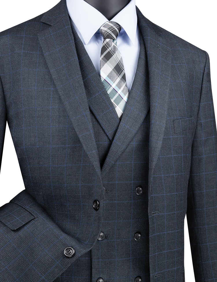 The mannequin displays the Vinci Suits Regular Fit Glen Plaid 3 Piece Suit (Charcoal) V2RW-13, featuring a double-breasted vest. Elegantly paired with a white shirt and checkered tie, this ensemble exudes timeless sophistication.