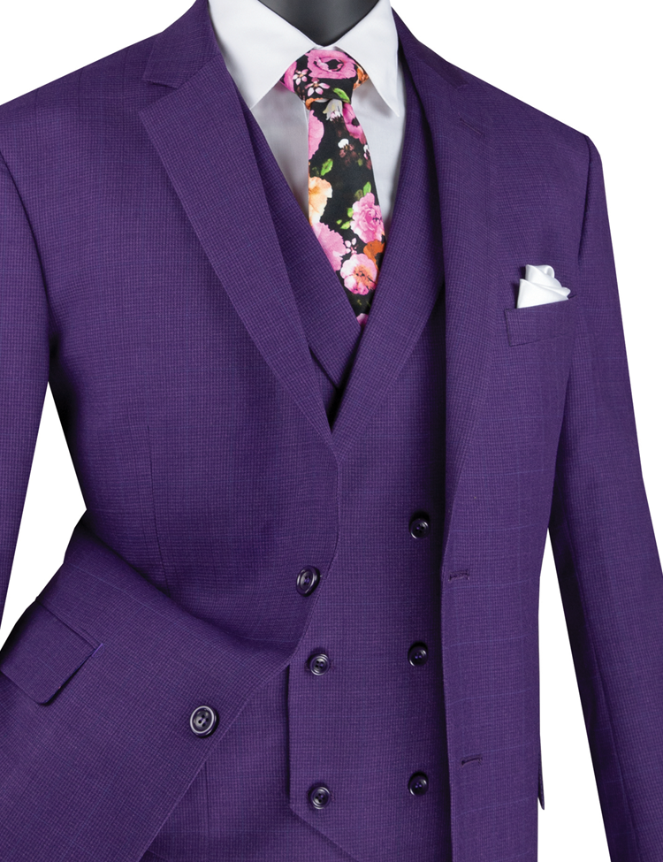 The mannequin displays a Vinci Suits Regular Fit Glen Plaid 2 Button 3 Piece Suit (Purple) V2RW-13, accented with a floral tie, white pocket square, and double-breasted vest, radiating sophistication and capturing attention with its rich hue and classic appeal.