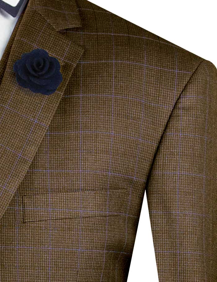 A mannequin features a Vinci Suits Regular Fit Glen Plaid 2 Button 3 Piece Suit in taupe, accented with a blue tie and floral lapel pin, exuding timeless elegance.