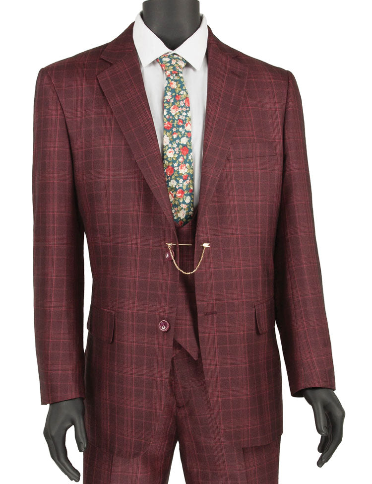 A mannequin showcases the Vinci Suits Regular Fit 3 Piece Suit (Burgundy) V2RW-7, styled with a floral tie and chain accessory, set against a plain backdrop.