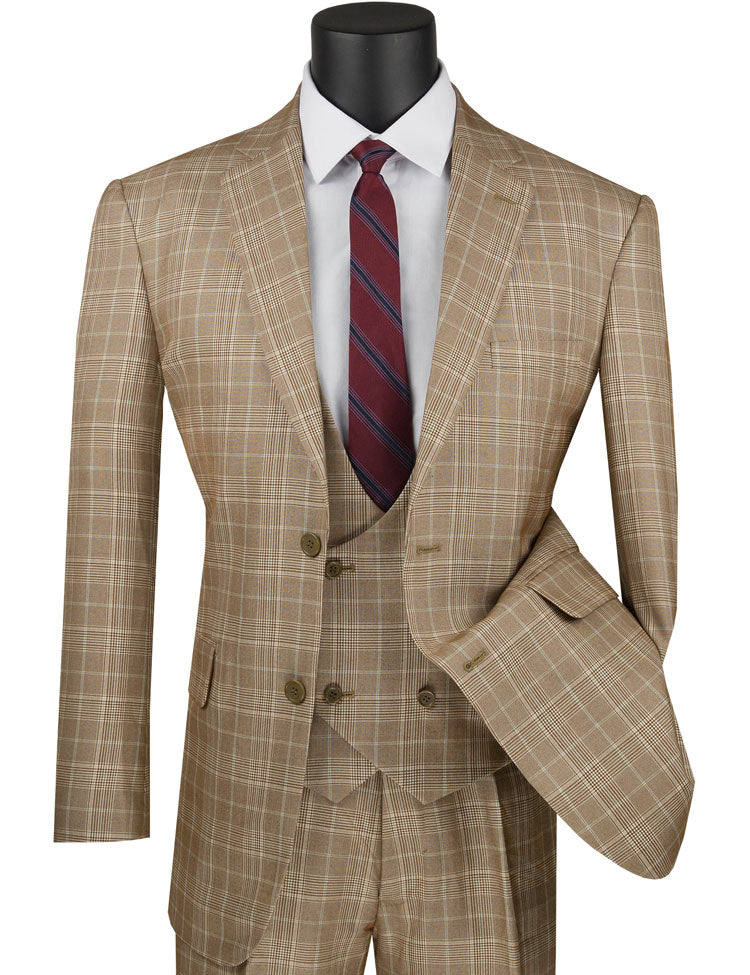 Displayed on a mannequin, the Vinci Suits Regular Fit 3 Piece Suit in Camel (V2RW-7) exudes timeless elegance with its classic tan glen plaid jacket, vest, and pants. Paired with a crisp white shirt and vibrant red striped tie, it's the epitome of style.