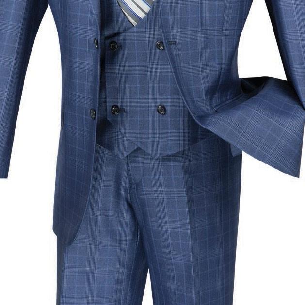 Displayed on the mannequin is Vinci Suits' Regular Fit 3 Piece Suit (Oxford Blue) V2RW-7, featuring a jacket, wrinkle-resistant double-breasted vest, and pants, paired with a striped tie.