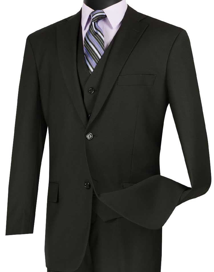 A Vinci Suits Regular Fit 3 Piece Suit (Black) V2TR is showcased on a mannequin, elegantly paired with a lavender shirt and striped tie for a refined look.