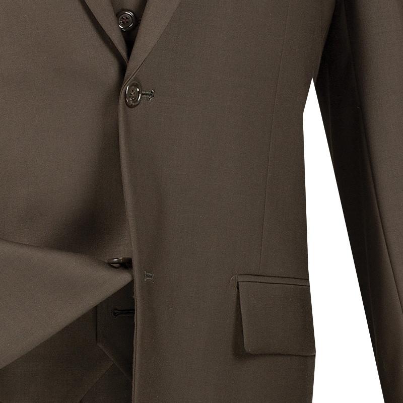 Vinci Suits' mannequin displays a Regular Fit 3 Piece Suit 2 Button (Brown) V2TR, accessorized with a tie, white shirt, and pocket square.