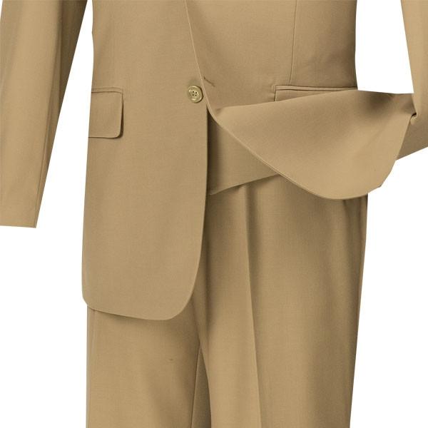 The Vinci Suits Regular Fit 3 Piece Suit V2TR in khaki is elegantly displayed on a wooden mannequin, featuring a blue shirt and striped tie.