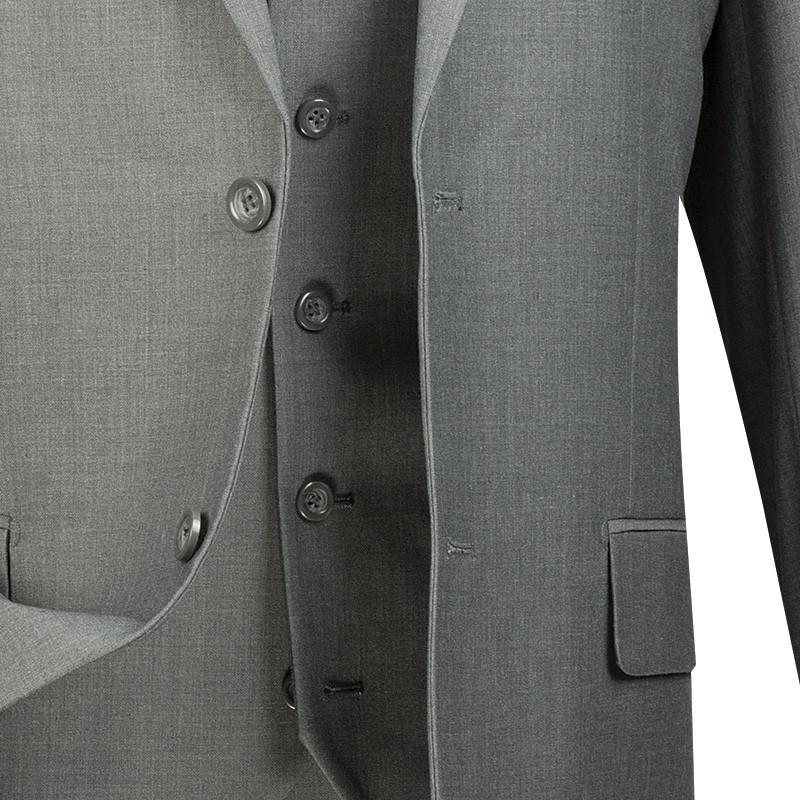 Displayed on a mannequin is the Vinci Suits Regular Fit 3 Piece Suit 2 Button (Medium Gray) V2TR, featuring a solid color scheme, complemented by a blue tie and crisp white dress shirt.