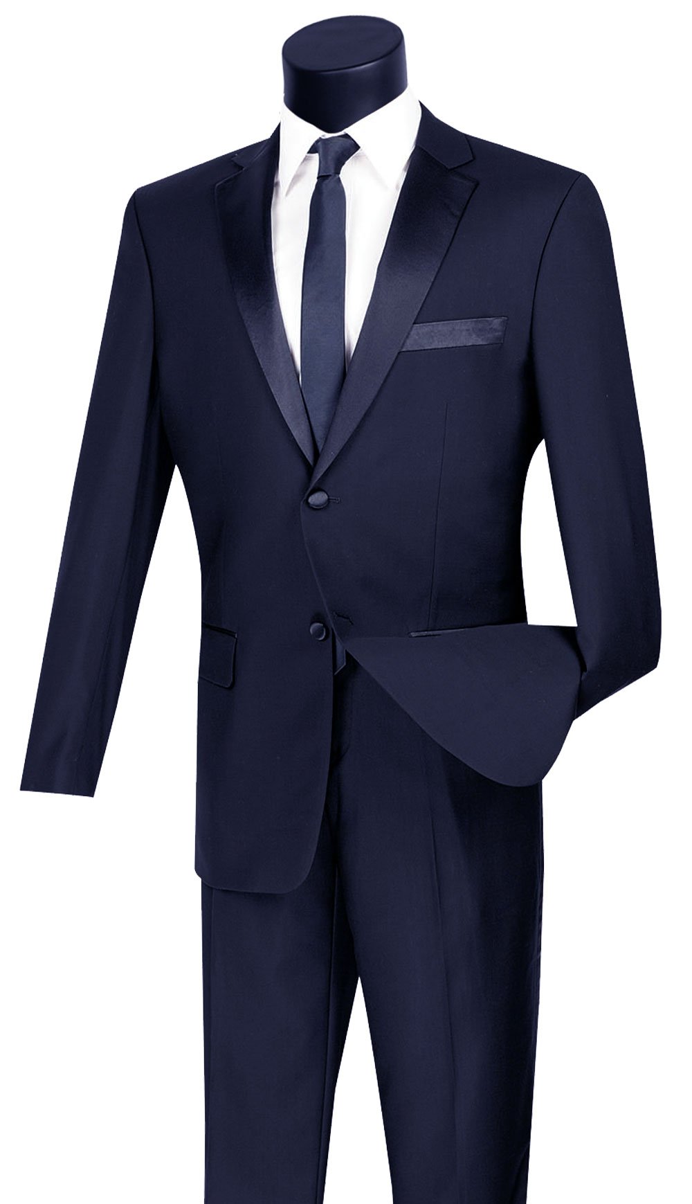 A mannequin elegantly models the Vinci Suits Slim Fit 2 Piece Tuxedo in navy, featuring a dark formal suit with matching tie, complemented by a crisp white shirt and pocket square.