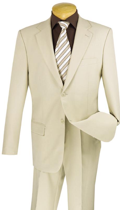 The Vinci Suits Single Breasted Poplin Dacron Suit (Beige) 2PP, with 2-button closure and flat-front pants, paired with a brown shirt and striped tie, is elegantly displayed on a mannequin.