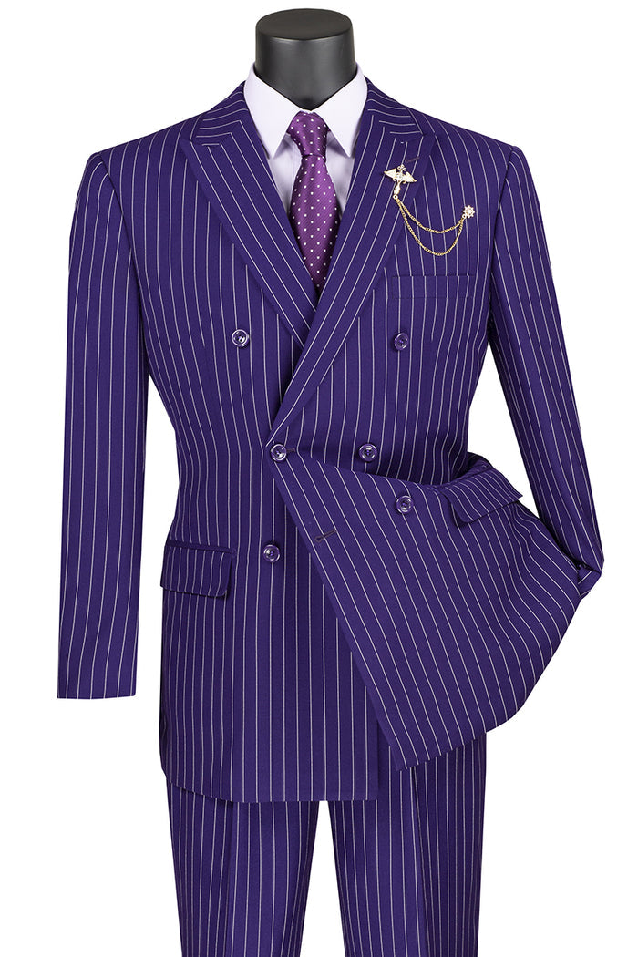 A mannequin displays the Vinci Suits Regular Fit Double Breasted Stripe 2 Piece Suit (Purple) DSS-4, coupled with pleated pants. The look is finished with a matching polka dot tie and elegant lapel chain.