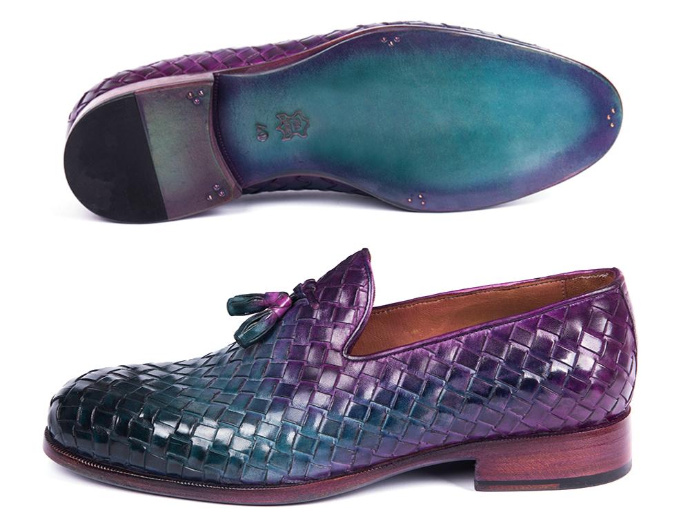 The Paul Parkman Woven Leather Tassel Loafers, model WVN88-MIX, feature a hand-painted design with woven leather and exhibit an eye-catching multicolor finish in shiny purple and teal, making them an ideal addition to any men's shoe collection.