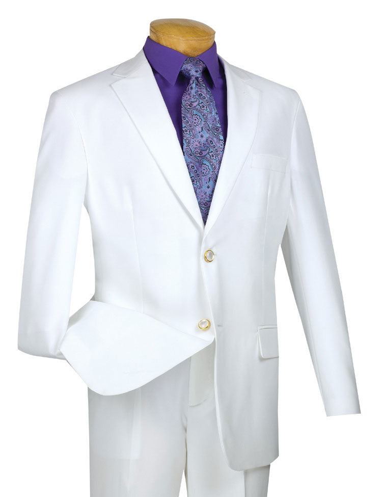 A white Regular Fit 2 Button Business Blazer by Vinci Suits is showcased on a mannequin, paired with a purple shirt and paisley tie.