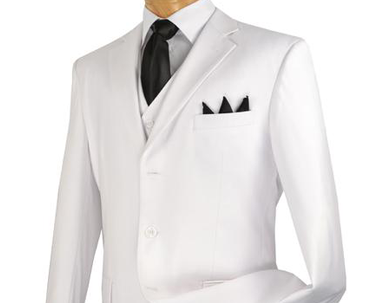 A mannequin features a Vinci Suits wrinkle-resistant white three-piece suit with a sharp black tie and three black pocket squares. The ensemble is perfectly tied together by the Regular Fit 3 Button Blazer (White) Z-3PP.