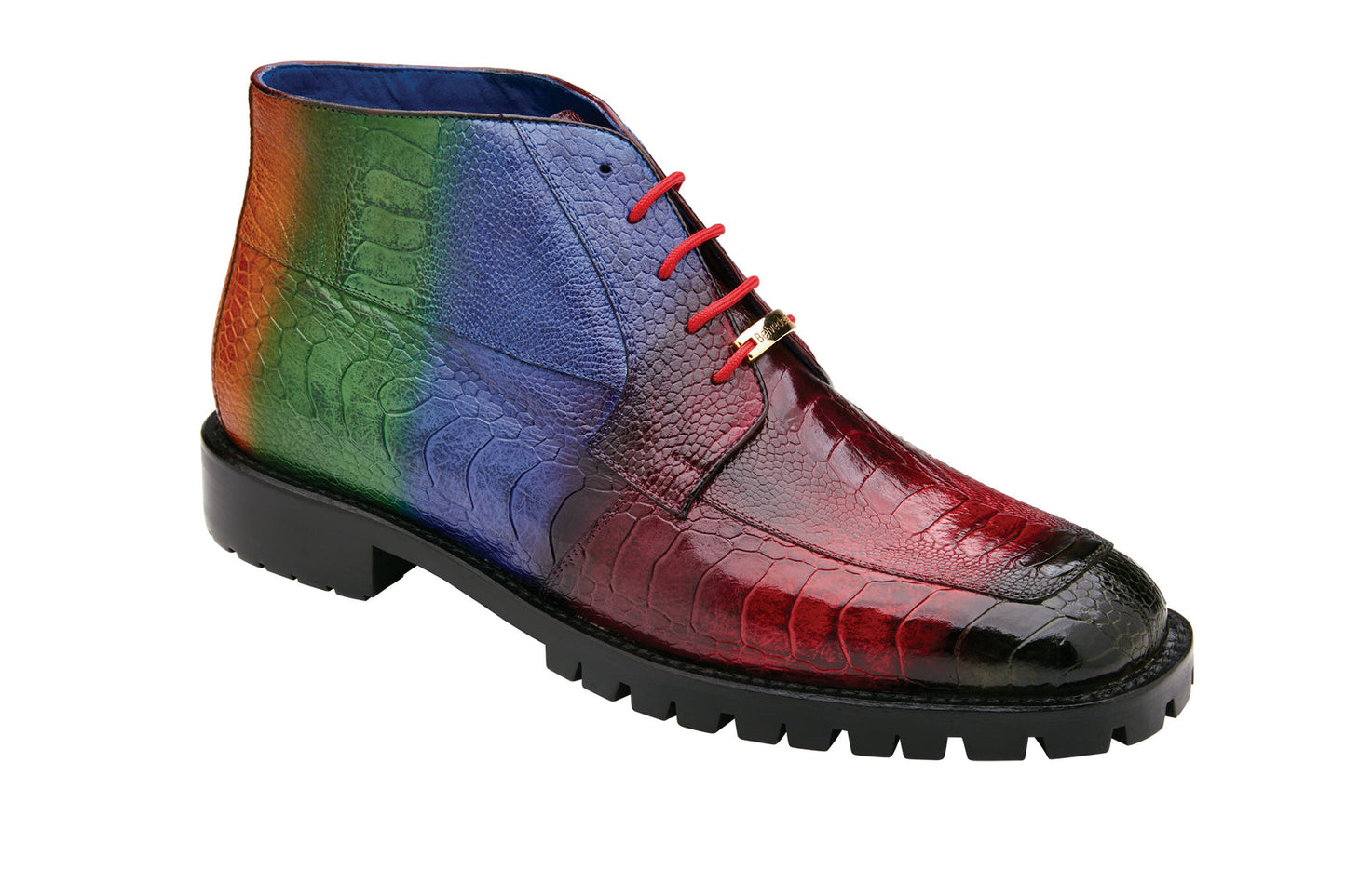 Introducing the Belvedere - Alvaro, a multicolored genuine hand-painted ostrich leg boot that showcases a gradient from red to blue and green. It features a black sole and vibrant red laces. Designed by BELVEDERE, this boot ensures comfort with its cushioned insole and sleek leather lining for a refined finish.