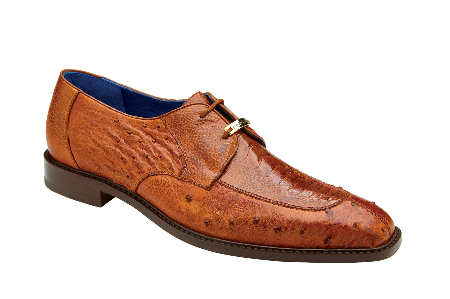 Side view of the BELVEDERE Bolero dress shoe featuring genuine ostrich leg and quill in an antique almond shade, lace-up design, dark sole, on a white background.