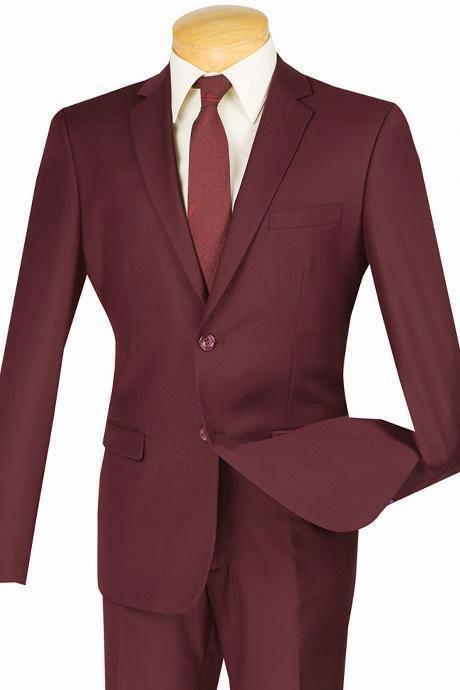 A mannequin displays the Vinci Suits Slim Fit 2 Piece 2 Button Business Suit (Burgundy) S-2PP with a matching tie and crisp white shirt beneath. Its wrinkle-resistant fabric keeps you sharp all day.