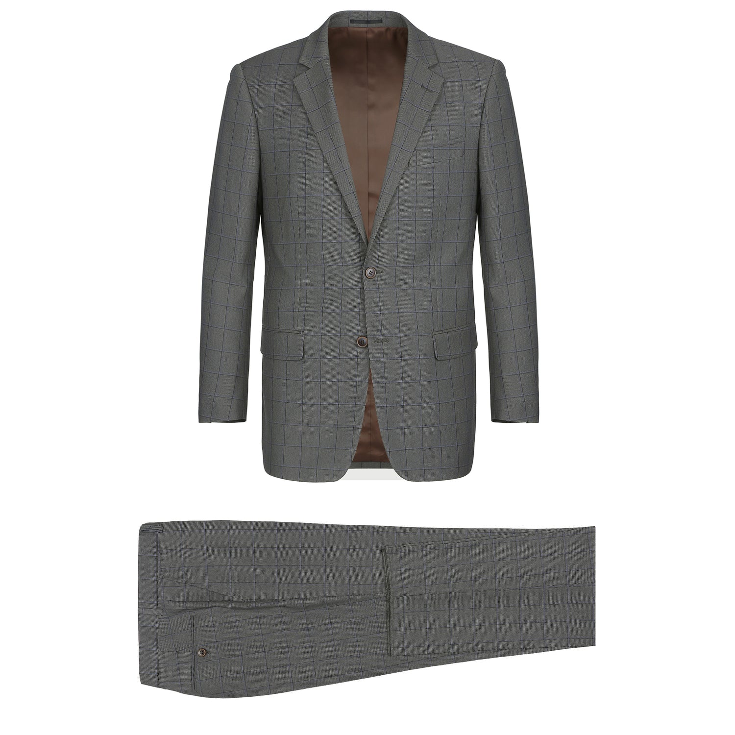 Gray checkered suit on a white background, consisting of a blazer with two buttons and matching trousers.
