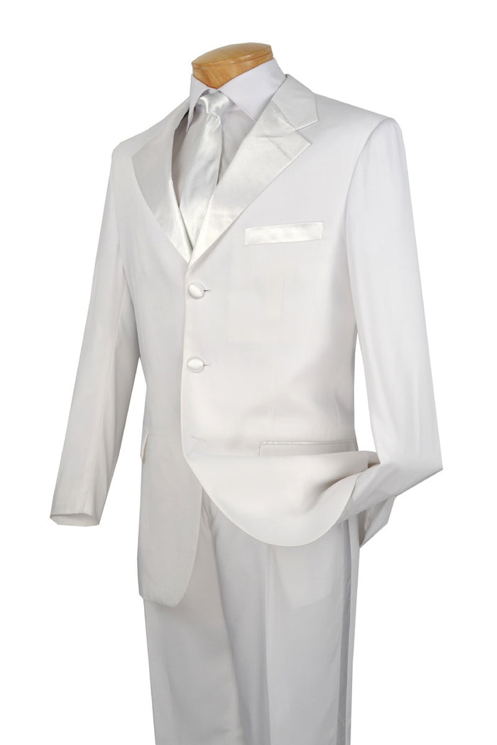 The Vinci Suits Regular Fit 2 Piece Tuxedo White T-3HT is displayed on a mannequin, featuring a satin lapel and three buttons. This wrinkle-resistant ensemble includes a matching tie and shirt, ensuring you look sharp all day long.
