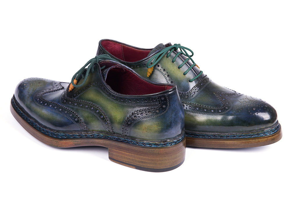 Paul Parkman Triple Leather Sole Wingtip Brogues Green & Blue feature hand-painted leather, decorative perforations, green laces, brown soles, and a red interior lining. Displayed on a white background. Brand: Paul Parkman. Model: 0225TRP-GRN.