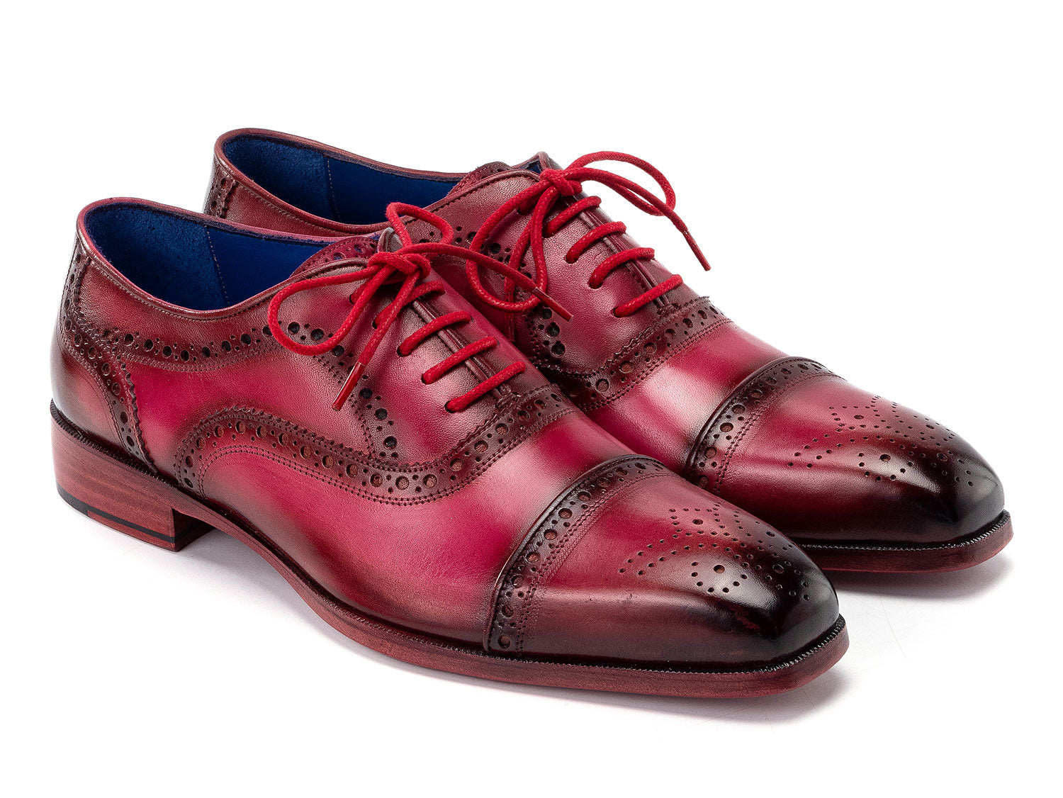 Paul Parkman Captoe Oxfords Fuxia - 024-FUX by Paul Parkman feature hand-painted polished red and black leather with brogue details and bold red laces, shown on a white background.