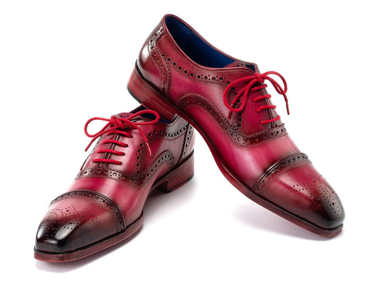 Paul Parkman Captoe Oxfords Fuxia - 024-FUX by Paul Parkman feature hand-painted polished red and black leather with brogue details and bold red laces, shown on a white background.