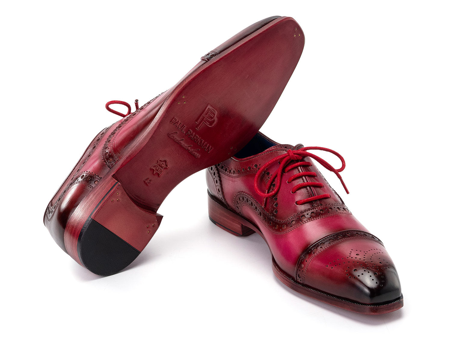 Paul Parkman Captoe Oxfords Fuxia - 024-FUX by Paul Parkman feature hand-painted polished red and black leather with brogue details and bold red laces, shown on a white background.