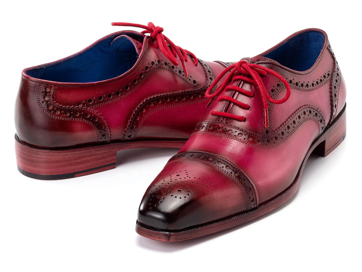 Paul Parkman Captoe Oxfords Fuxia - 024-FUX by Paul Parkman feature hand-painted polished red and black leather with brogue details and bold red laces, shown on a white background.
