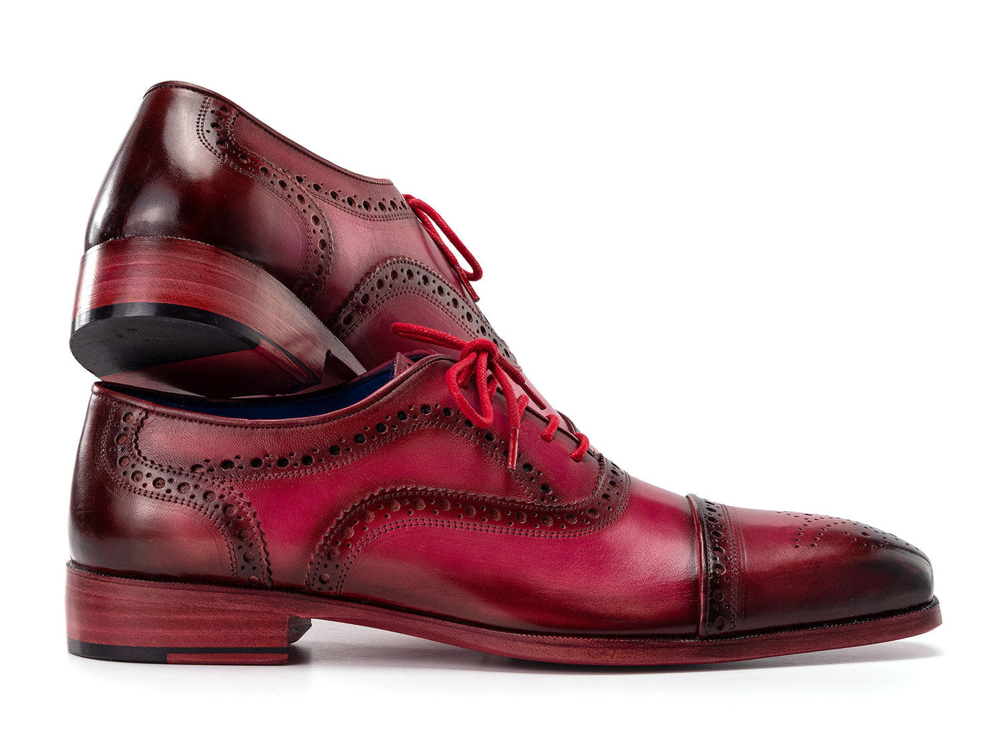 Paul Parkman Captoe Oxfords Fuxia - 024-FUX by Paul Parkman feature hand-painted polished red and black leather with brogue details and bold red laces, shown on a white background.